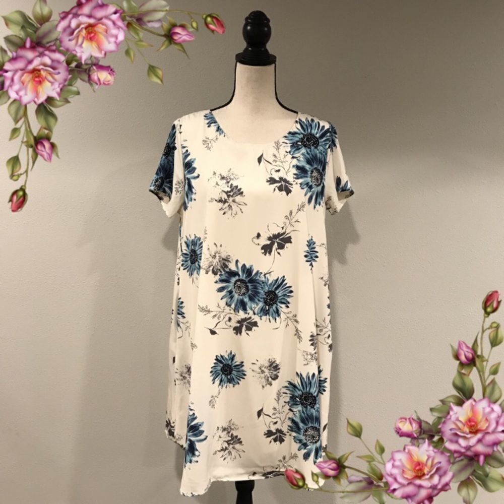 Floral short‎ sleeve scoop neck a-line loose fit dress